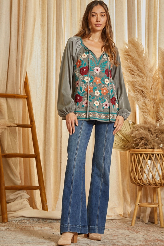 Savanna Jane Velvety Embroidered Satin Blouse - Charcoal