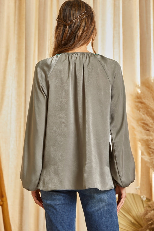 Savanna Jane Velvety Embroidered Satin Blouse - Charcoal