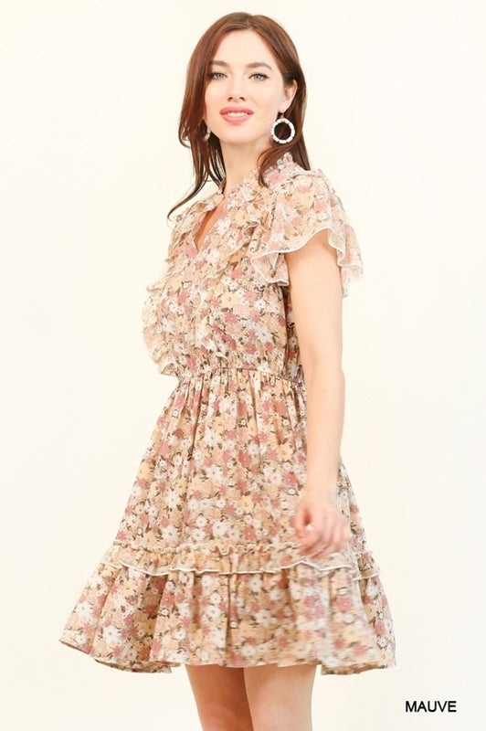 Gigio Chiffon Print Fit N Flare Ruffles Dress - Mauve