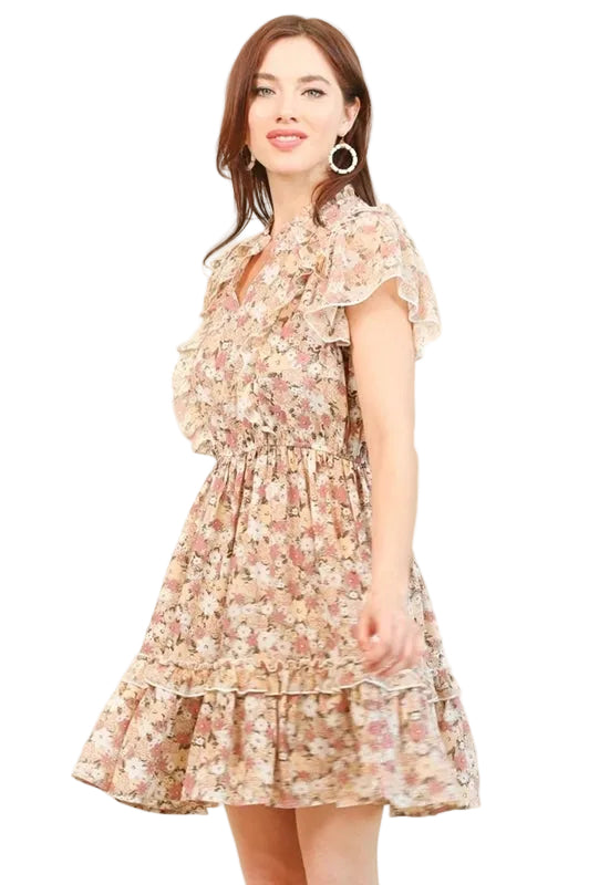 Gigio Chiffon Print Fit N Flare Ruffles Dress - Mauve