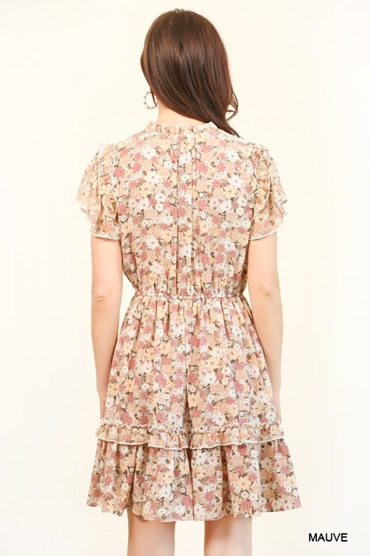 Gigio Chiffon Print Fit N Flare Ruffles Dress - Mauve