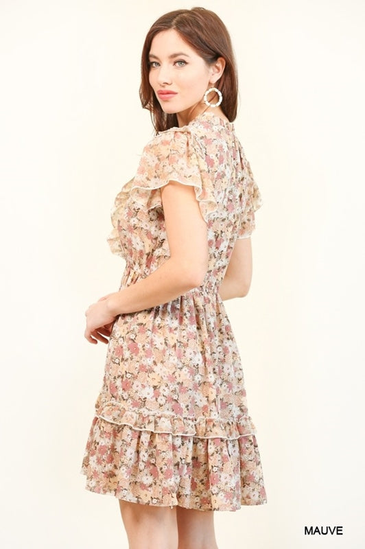 Gigio Chiffon Print Fit N Flare Ruffles Dress - Mauve