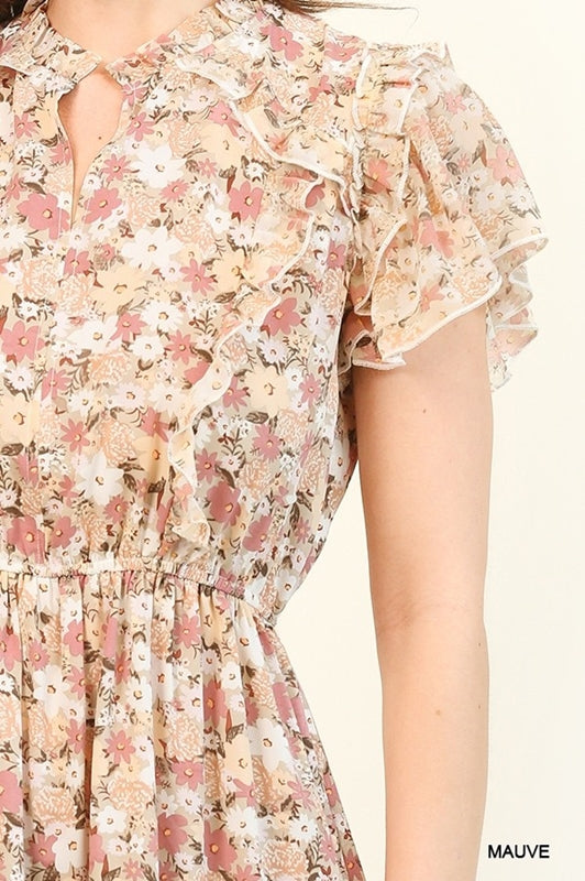 Gigio Chiffon Print Fit N Flare Ruffles Dress - Mauve