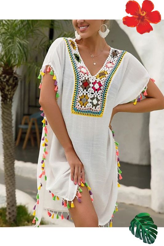 Swim Coverup Tassels and Crochet Accented - Soft White