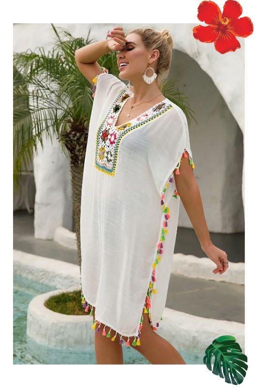 Swim Coverup Tassels and Crochet Accented - Soft White