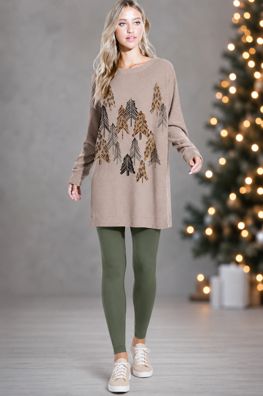 Leopard Trees Dolman Oversize Tunic Top - Camel