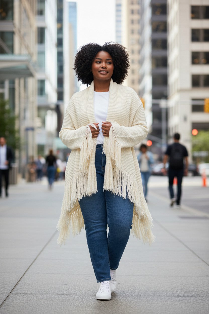 Umgee Plus Fringe Cardigan Sweater - Cream