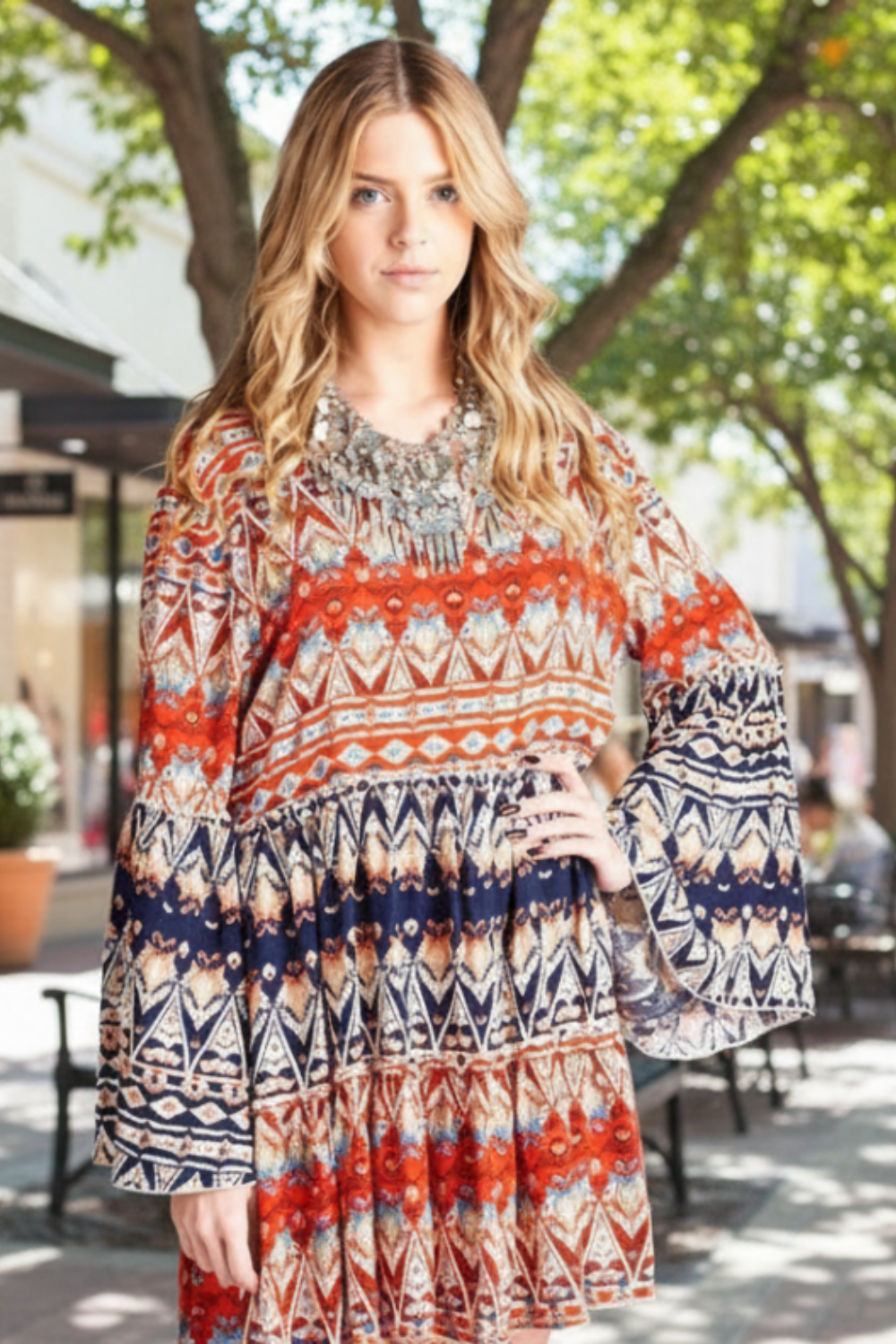 Velzera Boho Tunic Dress - Blue/Red