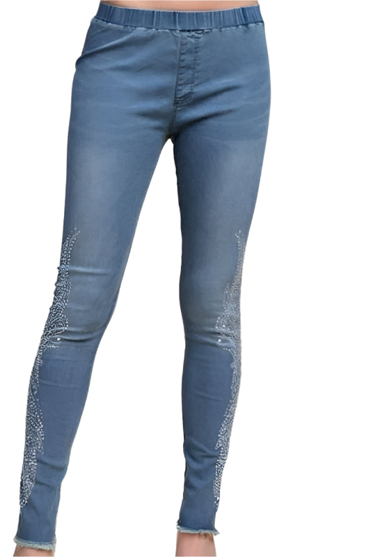 Vocal Denim Silver Rhinestone Leggings - Denim