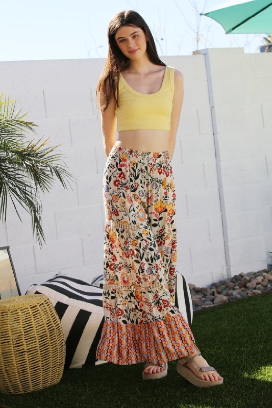 Angie Boho Floral Print Border Pants - Ivory
