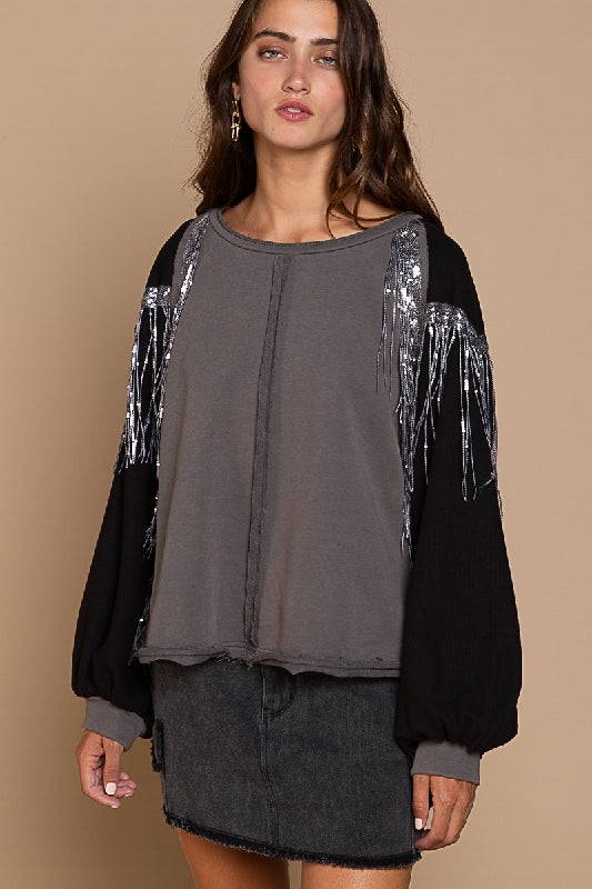 POL French Terry & Shiny Fringe Sweatshirt - Iron Grey