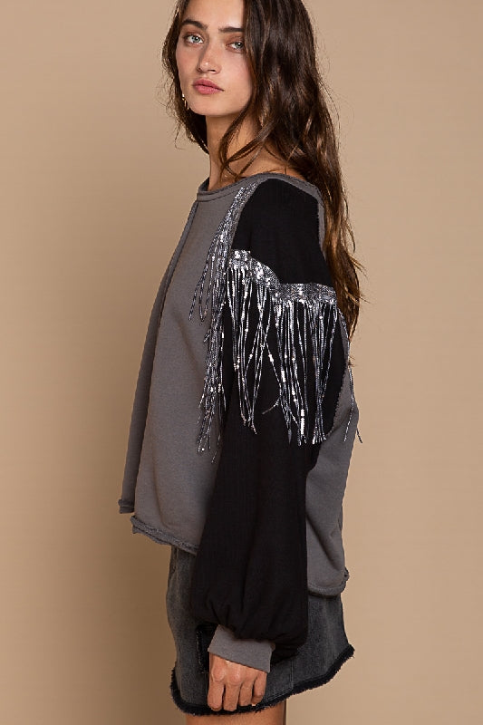 POL French Terry & Shiny Fringe Sweatshirt - Iron Grey