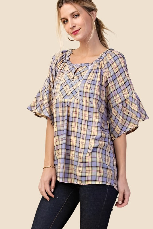 Kori Plaid Ruffle Sleeve Blouse - Banana Mix