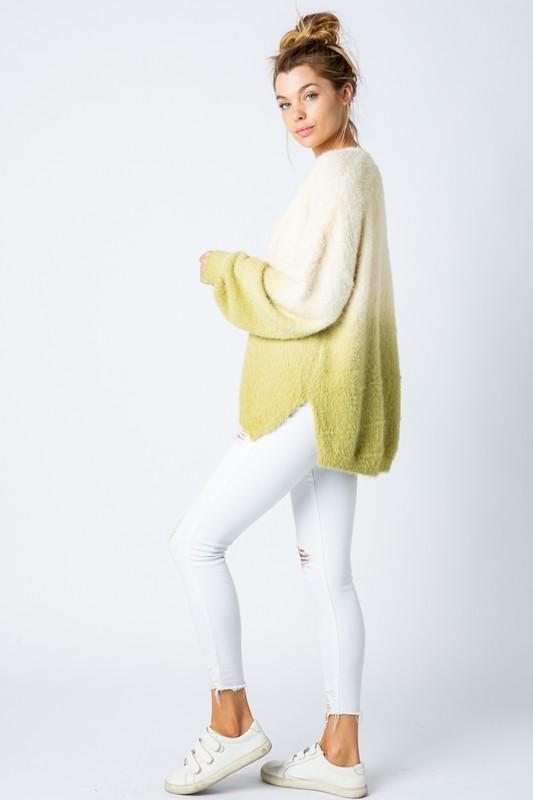 & Merci Dip Dye Faux Fur Oversize Sweater Top - Custard/Green