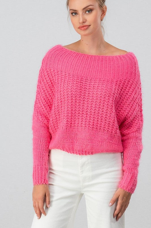 Fuzzy Knit Pullover Sweater - Bright Pink