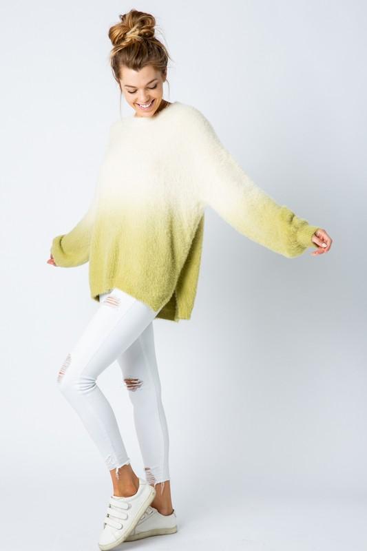 & Merci Dip Dye Faux Fur Oversize Sweater Top - Custard/Green