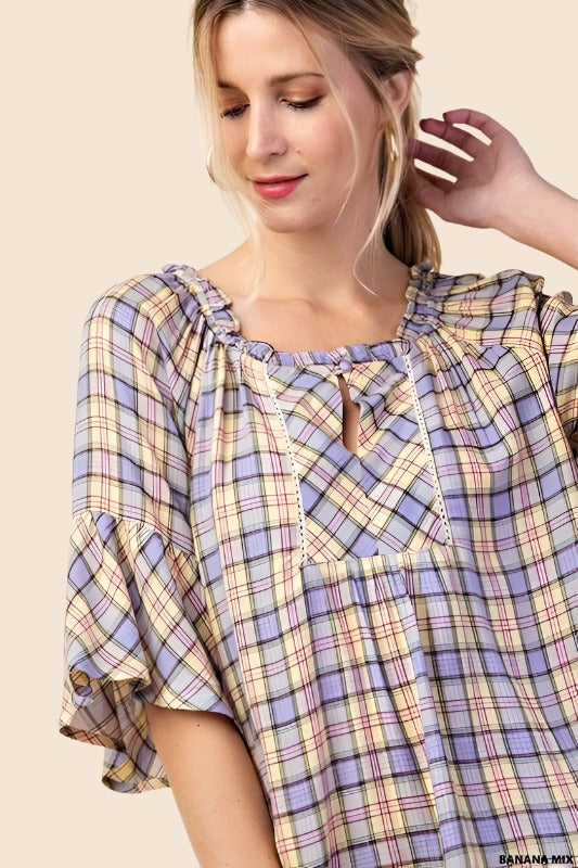 Kori Plaid Ruffle Sleeve Blouse - Banana Mix