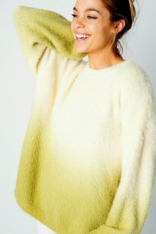 & Merci Dip Dye Faux Fur Oversize Sweater Top - Custard/Green