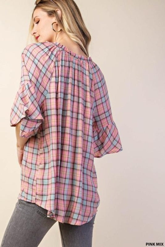 Kori Plaid Ruffle Sleeve Blouse - Banana Mix