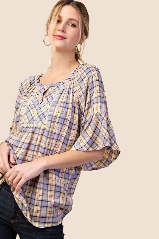 Kori Plaid Ruffle Sleeve Blouse - Banana Mix