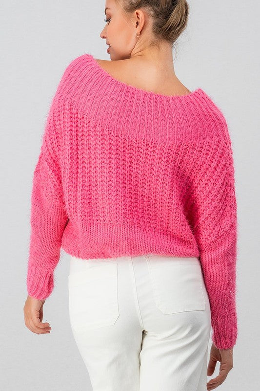 Fuzzy Knit Pullover Sweater -  Bright Pink