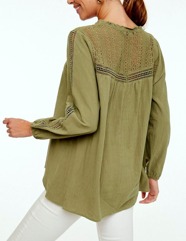 L Love Lace Accent Blouse Top - Olive