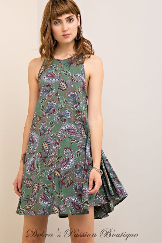 Entro Paisley Side Lace Up Cutie Dress - Olive