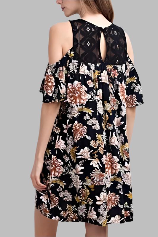 L Love Cold Shoulder Floral Print Shift Dress - Black