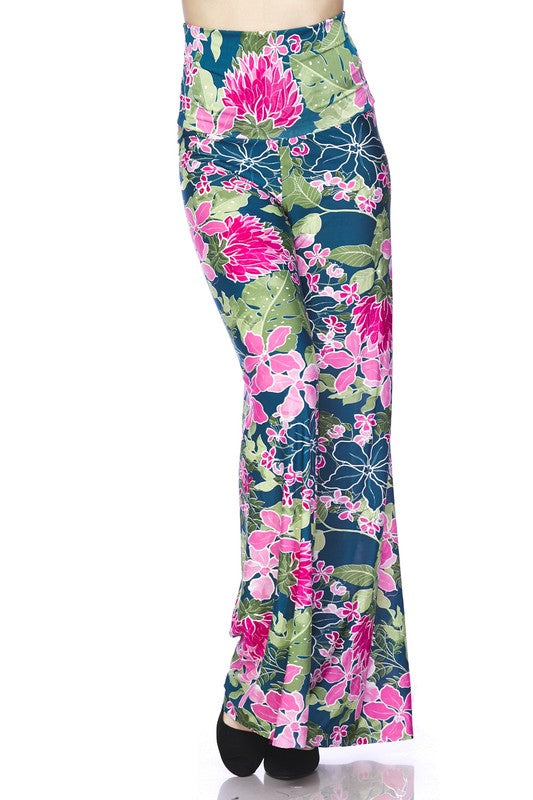Bright Tropical Flower Palazzo Pants - Teal Fuchsia