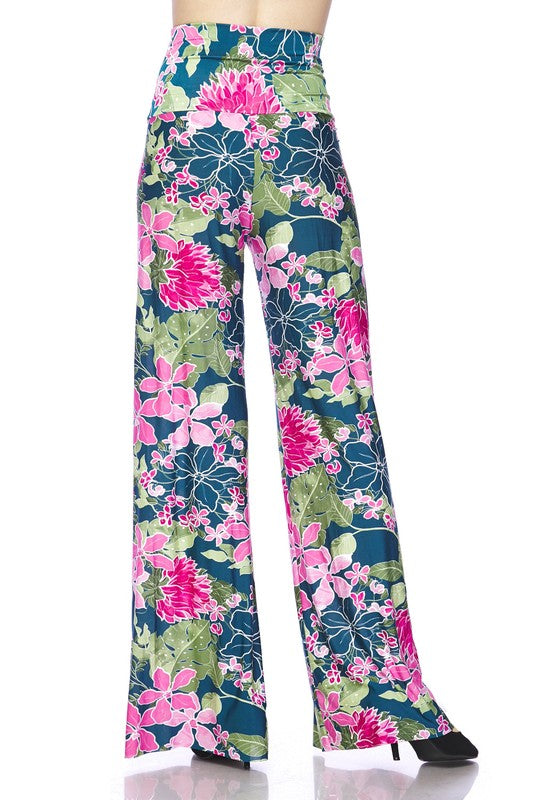 Bright Tropical Flower Palazzo Pants - Teal Fuchsia
