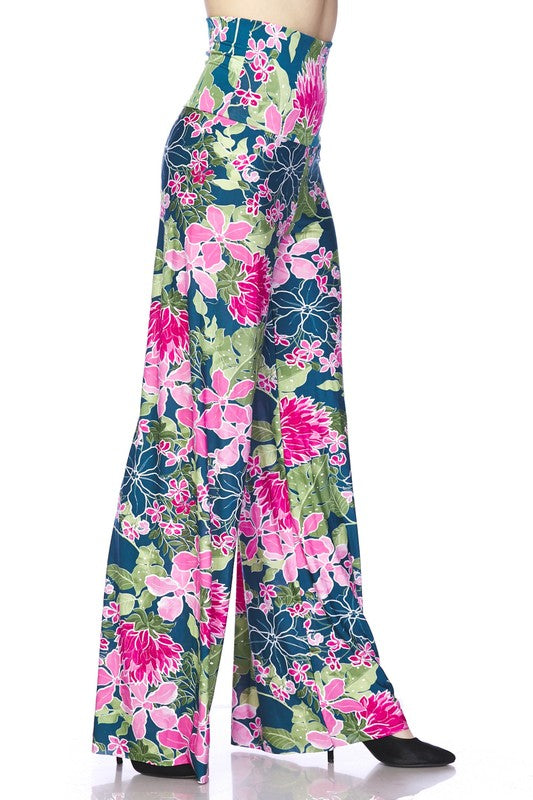 Bright Tropical Flower Palazzo Pants - Teal Fuchsia