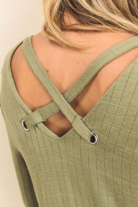 Doe & Rae Ribbed V Neck Cross Back Top - Avocado or Taupe