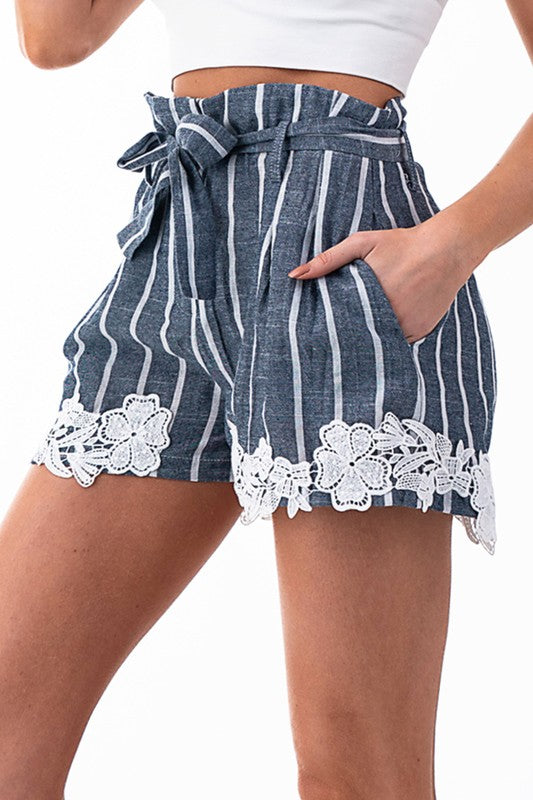 Paperbag Applique Stripes Shorts - Navy