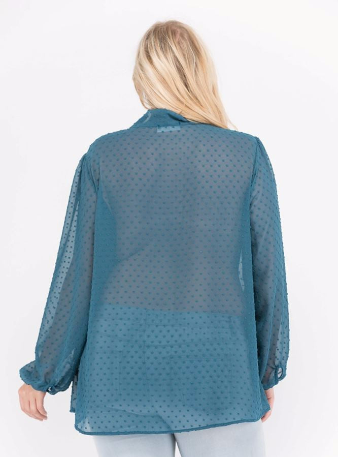 Janette Plus Bow Tie Swiss Dot Blouse - Teal