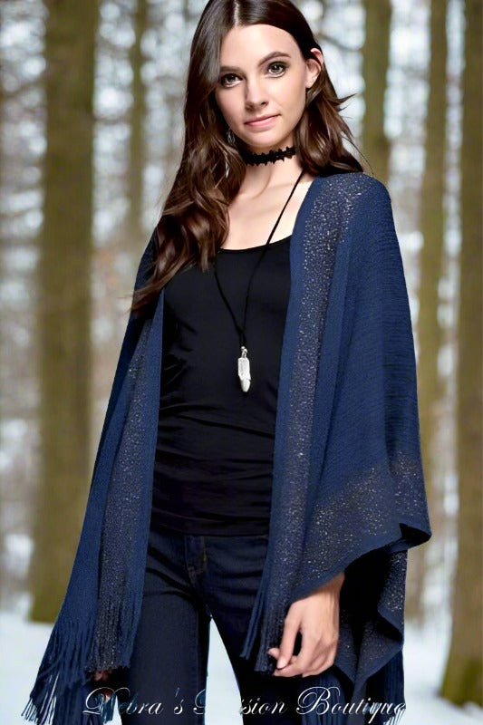 Gee Gee Knit Winter Border Fringe Poncho - Navy