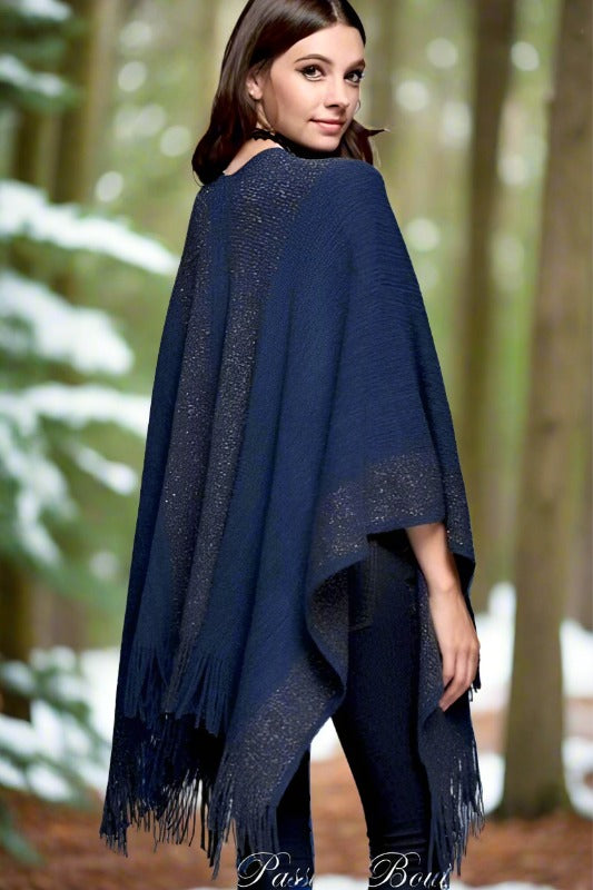 Gee Gee Knit Winter Border Fringe Poncho - Navy