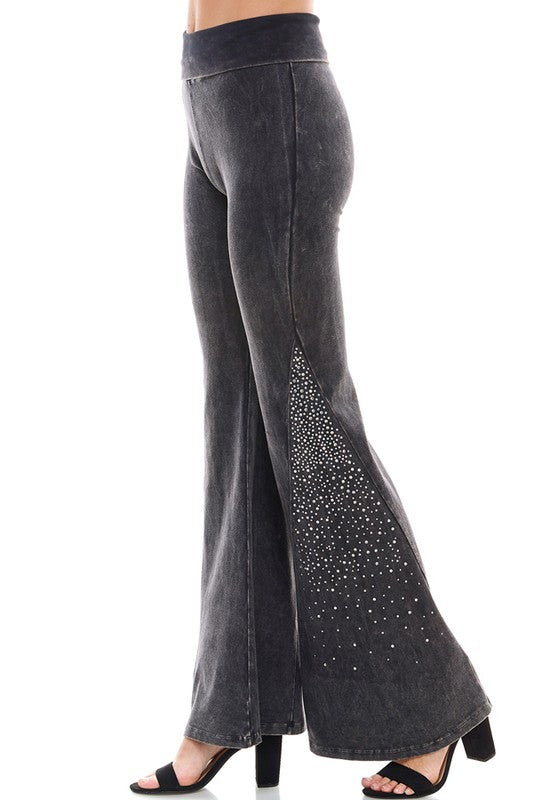 T-Party Crystal Rhinestones Mineral Wash Yoga Pants - Black