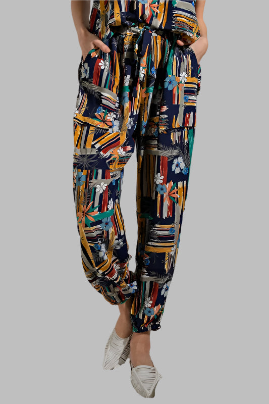Easel Artist Tropical Print Lounge Lightweight Joggers - Navy