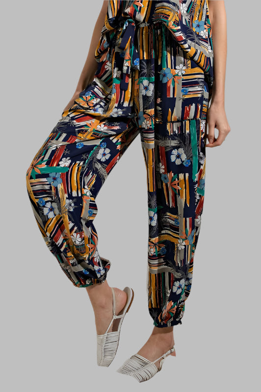 Easel Artist Tropical Print Lounge Lightweight Joggers - Navy
