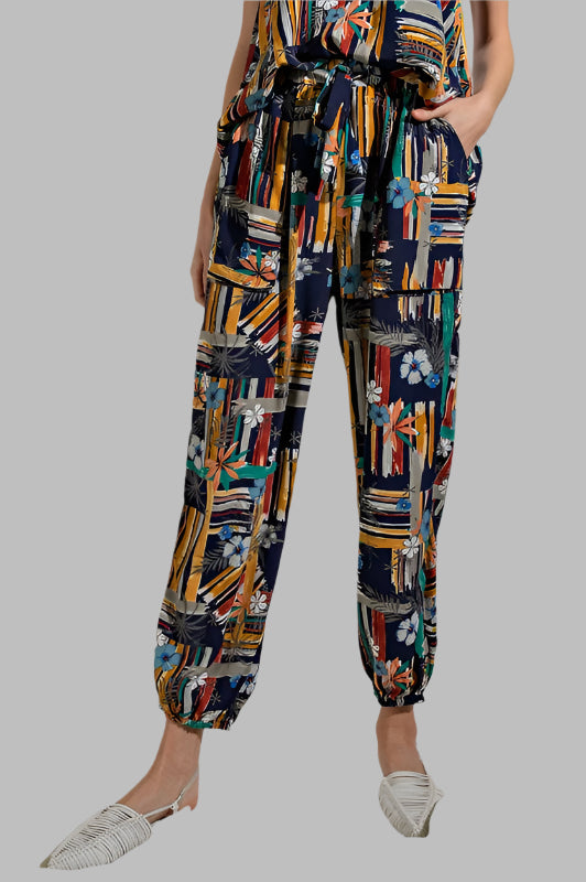 Easel Artist Tropical Print Lounge Lightweight Joggers - Navy
