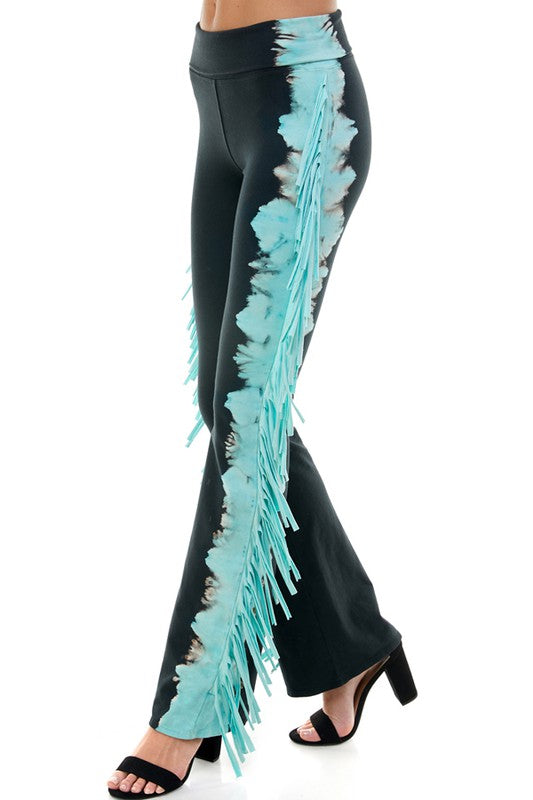 T Party Side Fringe Yoga Pants - Turquoise