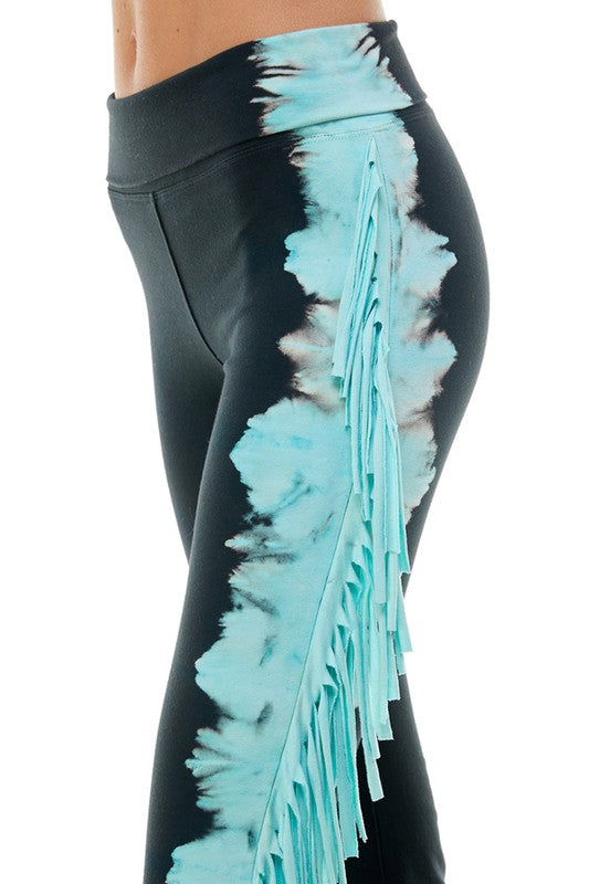 T Party Side Fringe Yoga Pants - Turquoise