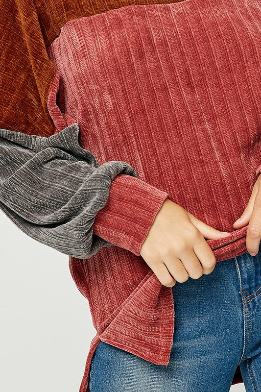 Hayden Colorblock Chenille Pullover Sweater Top - Red Mauve