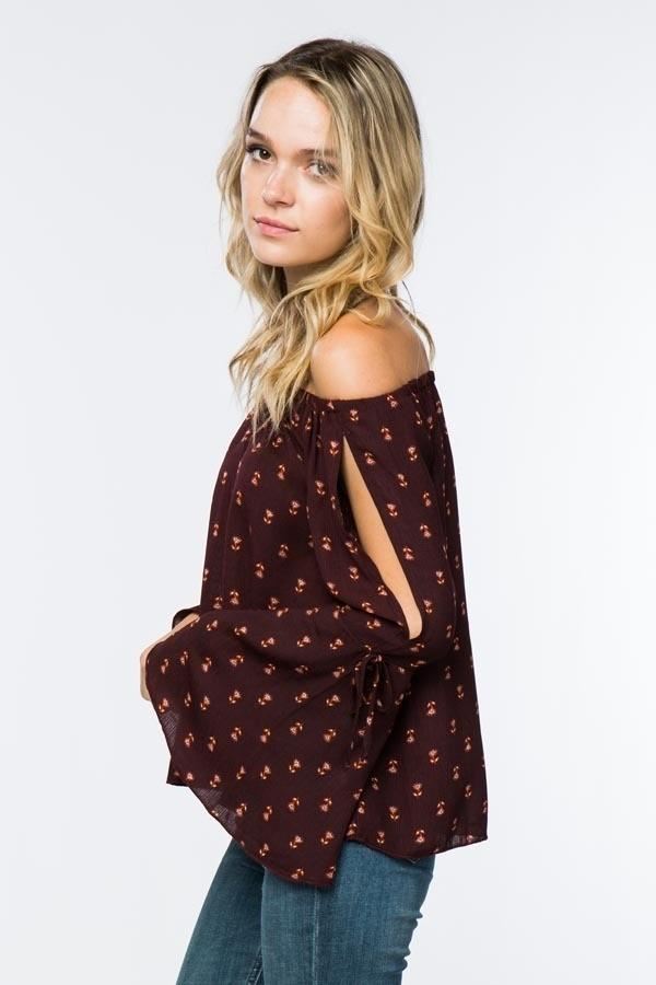 Timing Flower Print Off Shoulder Blouse - Wine