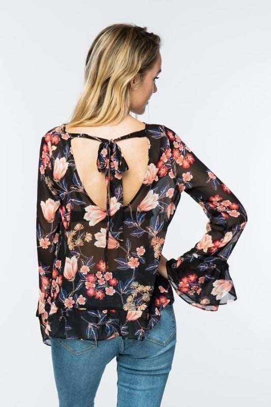 Timing Sheer Floral Ruffle Blouse - Black
