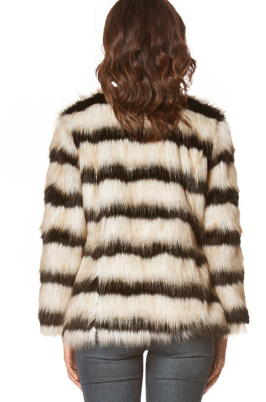 Carmin Striped Furry Evening Party Jacket - Black Soft White