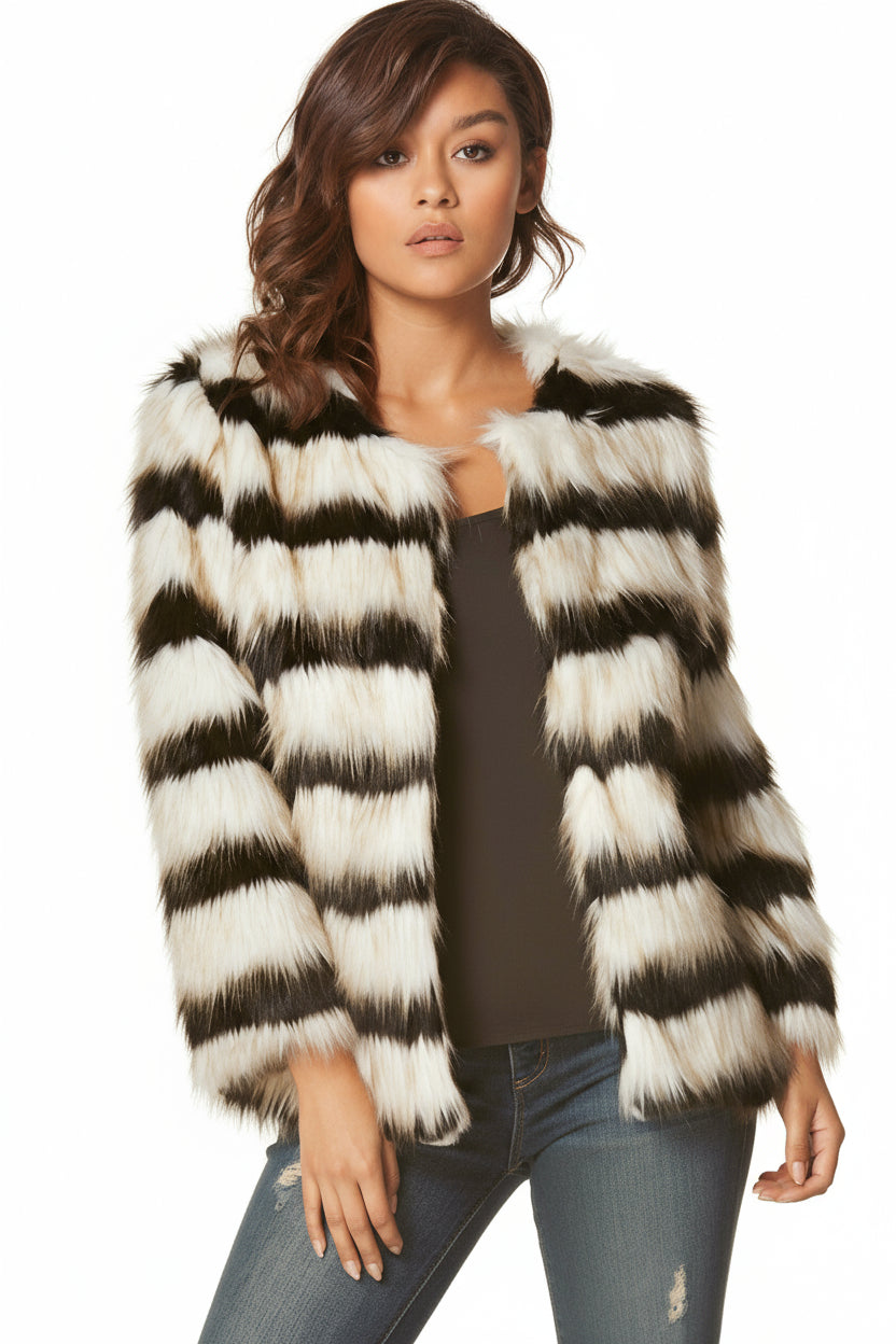 Carmin Striped Furry Evening Party Jacket - Black Soft White