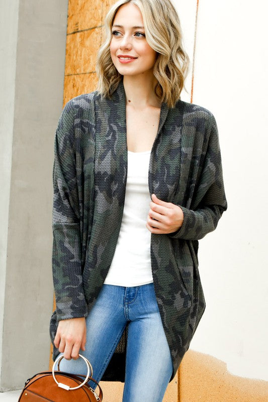 My Story Camo Waffle Cocoon Cardigan - Olive