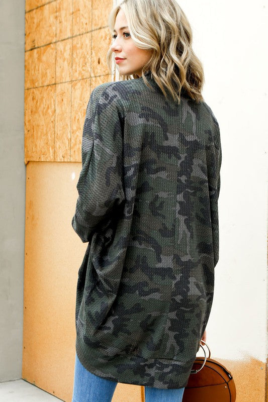 My Story Camo Waffle Cocoon Cardigan - Olive