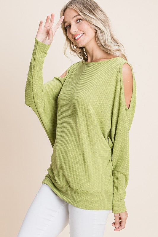 Kiwi Dolman Cold Shoulder Waffle Top - Kiwi